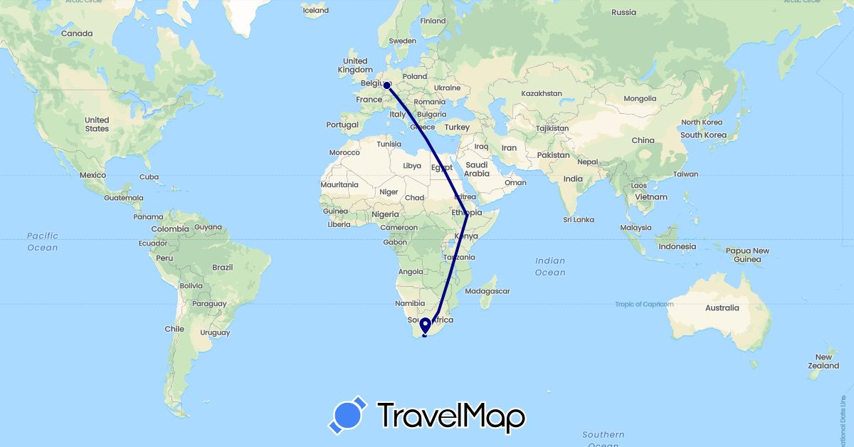 TravelMap itinerary: driving in Germany, Ethiopia, South Africa (Africa, Europe)